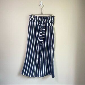 mine apparel Wide Leg Flowy Pants Waist Tie Vertical Striped Navy White Small